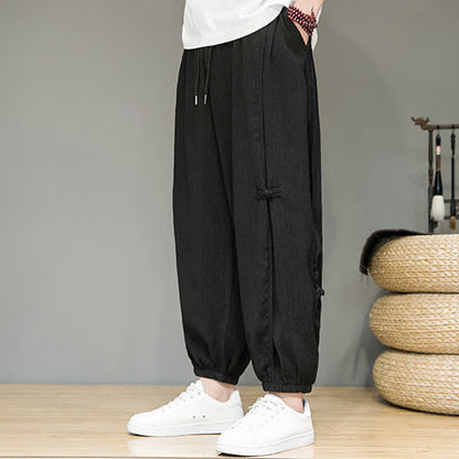 Buddha Stones Summer Casual Minimalist Drawstring Solid Cropped Pants Men's Harem Pants With Pocket