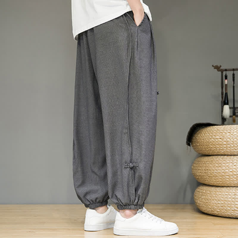 Buddha Stones Summer Casual Minimalist Drawstring Solid Cropped Pants Men's Harem Pants With Pocket