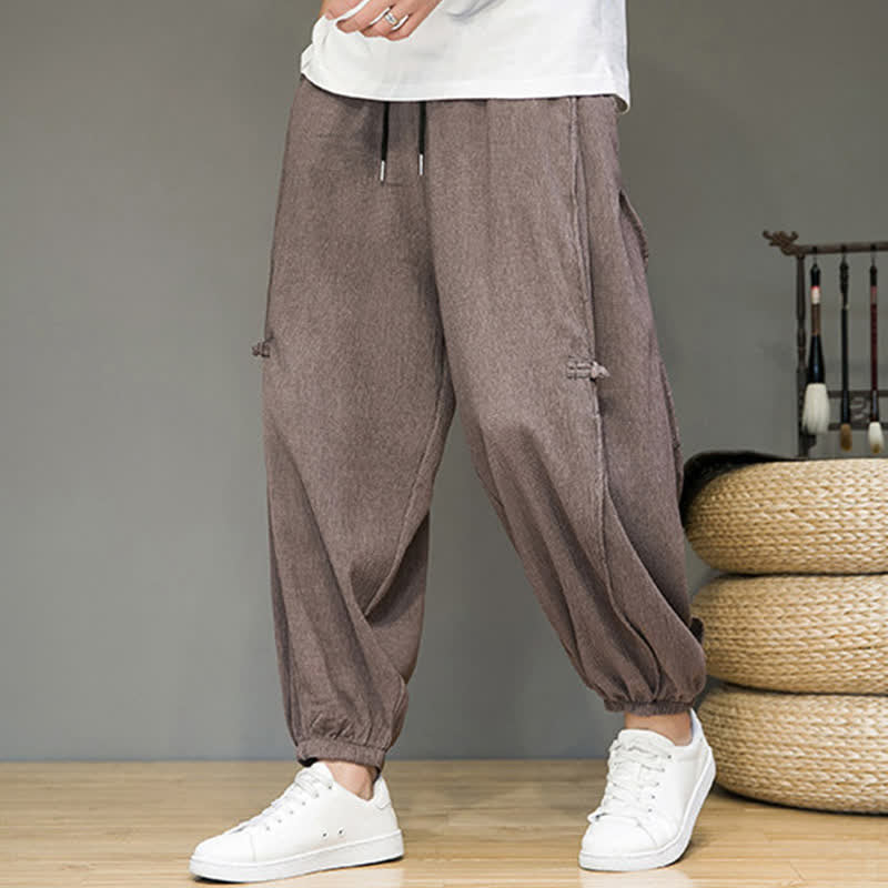 Buddha Stones Summer Casual Minimalist Drawstring Solid Cropped Pants Men's Harem Pants With Pocket