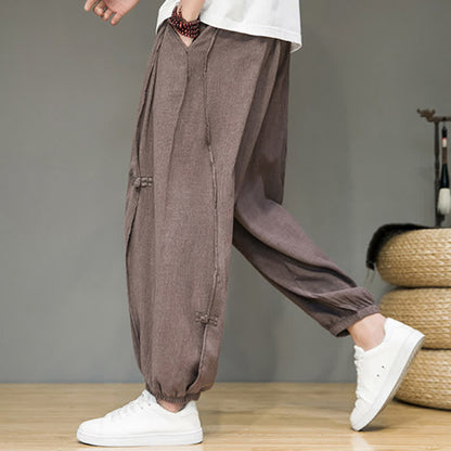 Buddha Stones Summer Casual Minimalist Drawstring Solid Cropped Pants Men's Harem Pants With Pocket