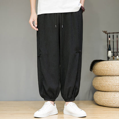 Buddha Stones Summer Casual Minimalist Drawstring Solid Cropped Pants Men's Harem Pants With Pocket