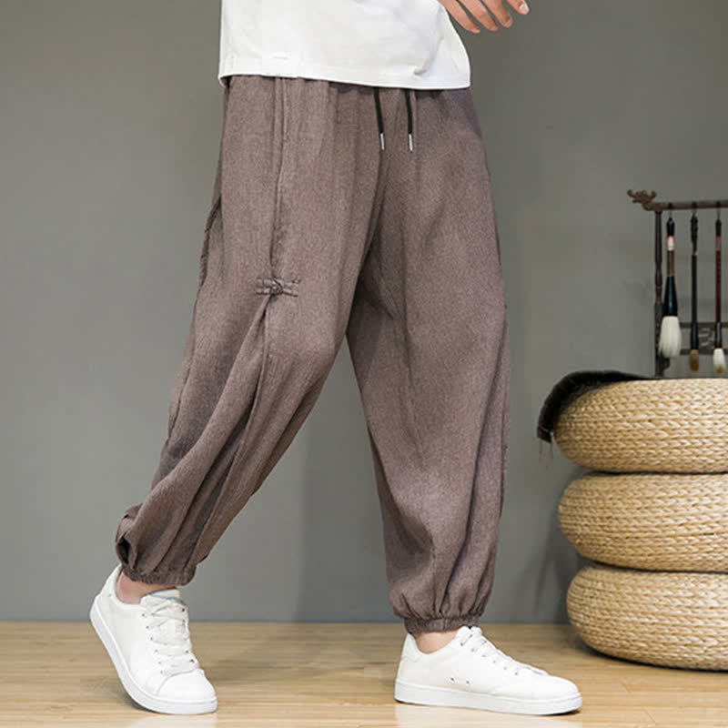 Buddha Stones Summer Casual Minimalist Drawstring Solid Cropped Pants Men's Harem Pants With Pocket