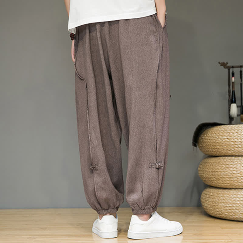 Buddha Stones Summer Casual Minimalist Drawstring Solid Cropped Pants Men's Harem Pants With Pocket