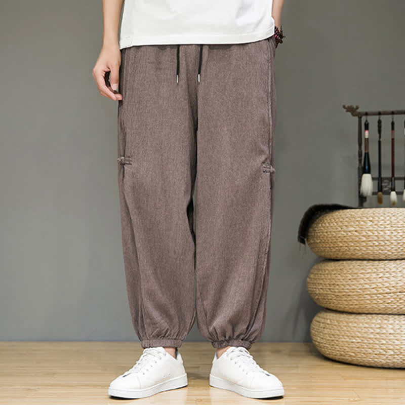 Buddha Stones Summer Casual Minimalist Drawstring Solid Cropped Pants Men's Harem Pants With Pocket