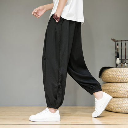 Buddha Stones Summer Casual Minimalist Drawstring Solid Cropped Pants Men's Harem Pants With Pocket