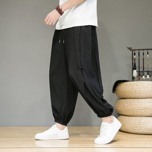 Buddha Stones Summer Casual Minimalist Drawstring Solid Cropped Pants Men's Harem Pants With Pocket