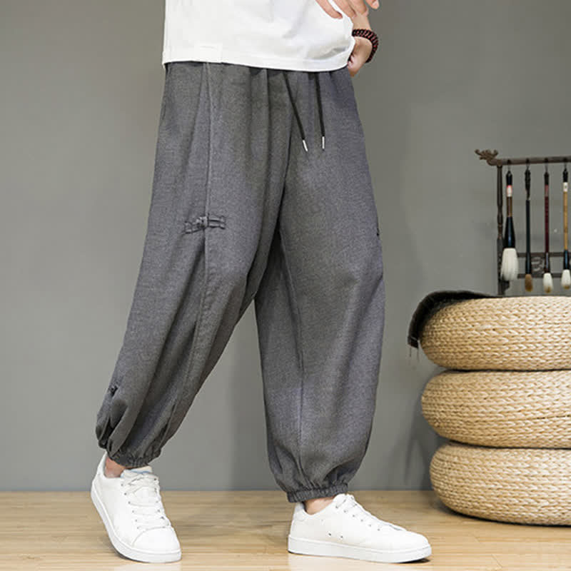 Buddha Stones Summer Casual Minimalist Drawstring Solid Cropped Pants Men's Harem Pants With Pocket