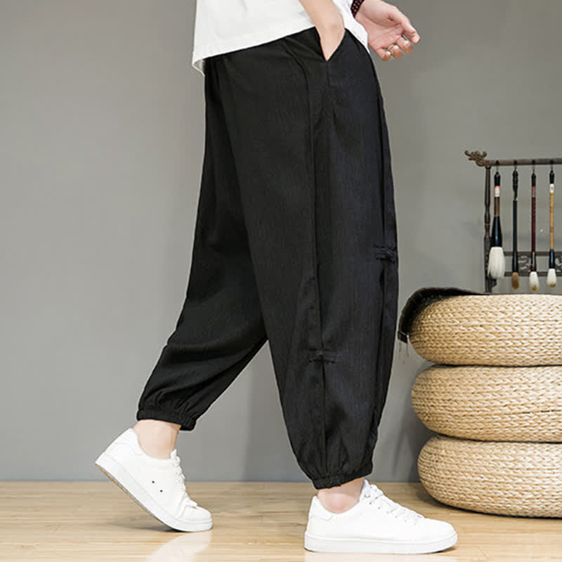 Buddha Stones Summer Casual Minimalist Drawstring Solid Cropped Pants Men's Harem Pants With Pocket