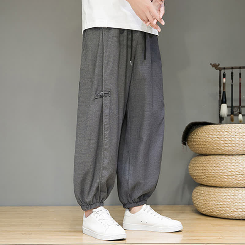 Buddha Stones Summer Casual Minimalist Drawstring Solid Cropped Pants Men's Harem Pants With Pocket