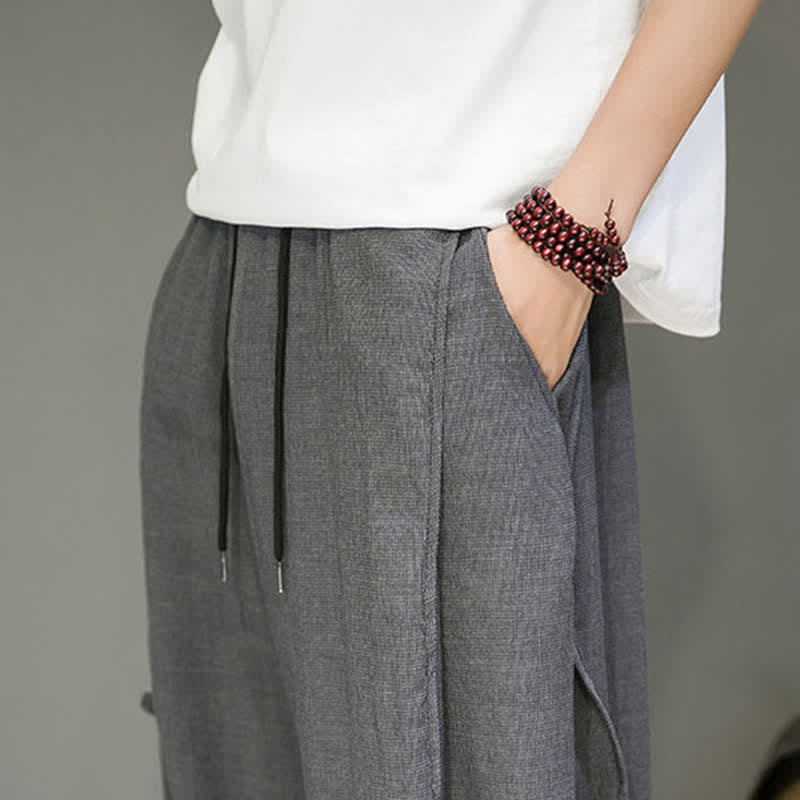 Buddha Stones Summer Casual Minimalist Drawstring Solid Cropped Pants Men's Harem Pants With Pocket