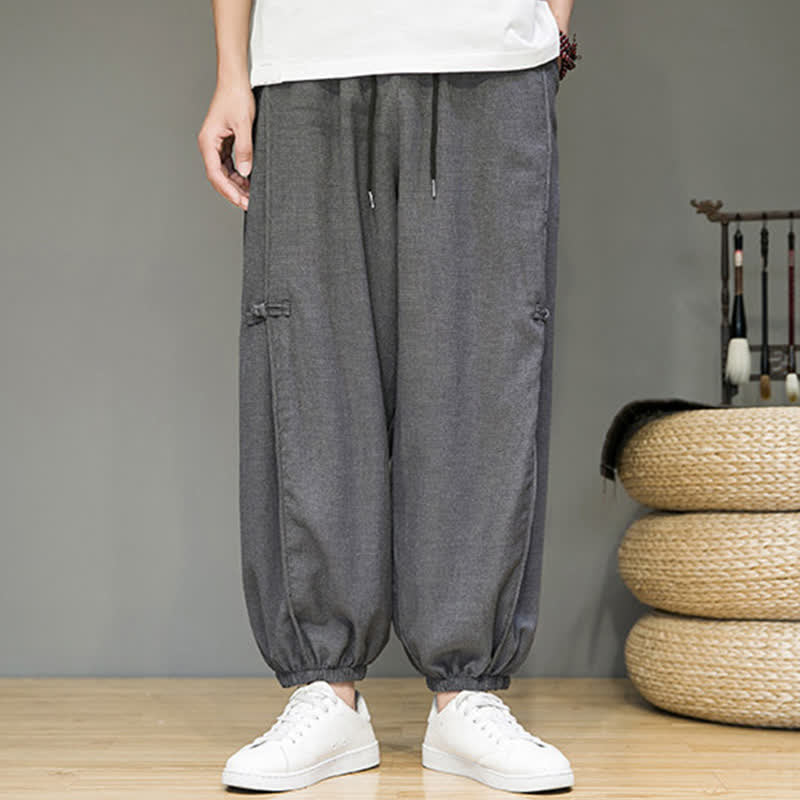 Buddha Stones Summer Casual Minimalist Drawstring Solid Cropped Pants Men's Harem Pants With Pocket
