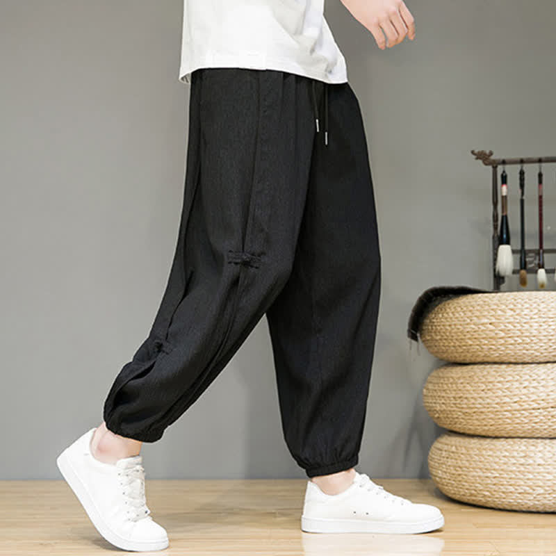 Buddha Stones Summer Casual Minimalist Drawstring Solid Cropped Pants Men's Harem Pants With Pocket