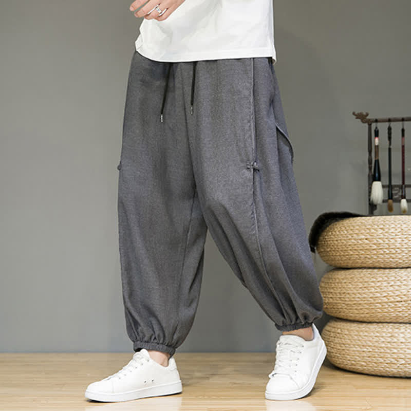 Buddha Stones Summer Casual Minimalist Drawstring Solid Cropped Pants Men's Harem Pants With Pocket