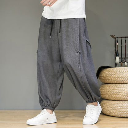 Buddha Stones Summer Casual Minimalist Drawstring Solid Cropped Pants Men's Harem Pants With Pocket