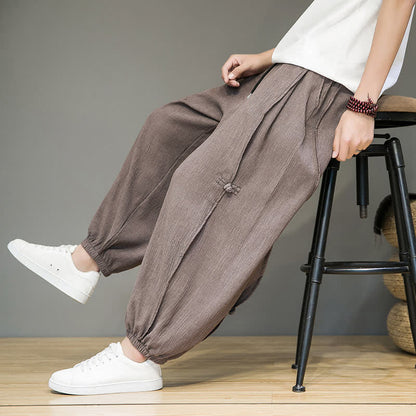 Buddha Stones Summer Casual Minimalist Drawstring Solid Cropped Pants Men's Harem Pants With Pocket