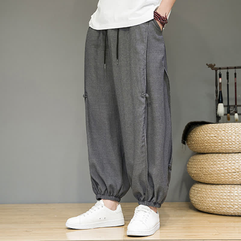 Buddha Stones Summer Casual Minimalist Drawstring Solid Cropped Pants Men's Harem Pants With Pocket
