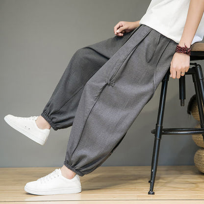 Buddha Stones Summer Casual Minimalist Drawstring Solid Cropped Pants Men's Harem Pants With Pocket