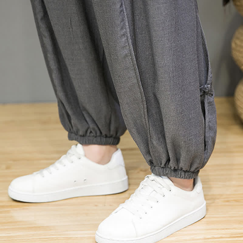 Buddha Stones Summer Casual Minimalist Drawstring Solid Cropped Pants Men's Harem Pants With Pocket