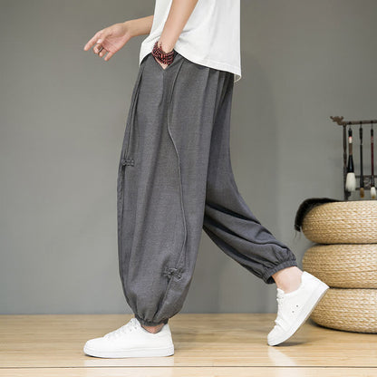 Buddha Stones Summer Casual Minimalist Drawstring Solid Cropped Pants Men's Harem Pants With Pocket