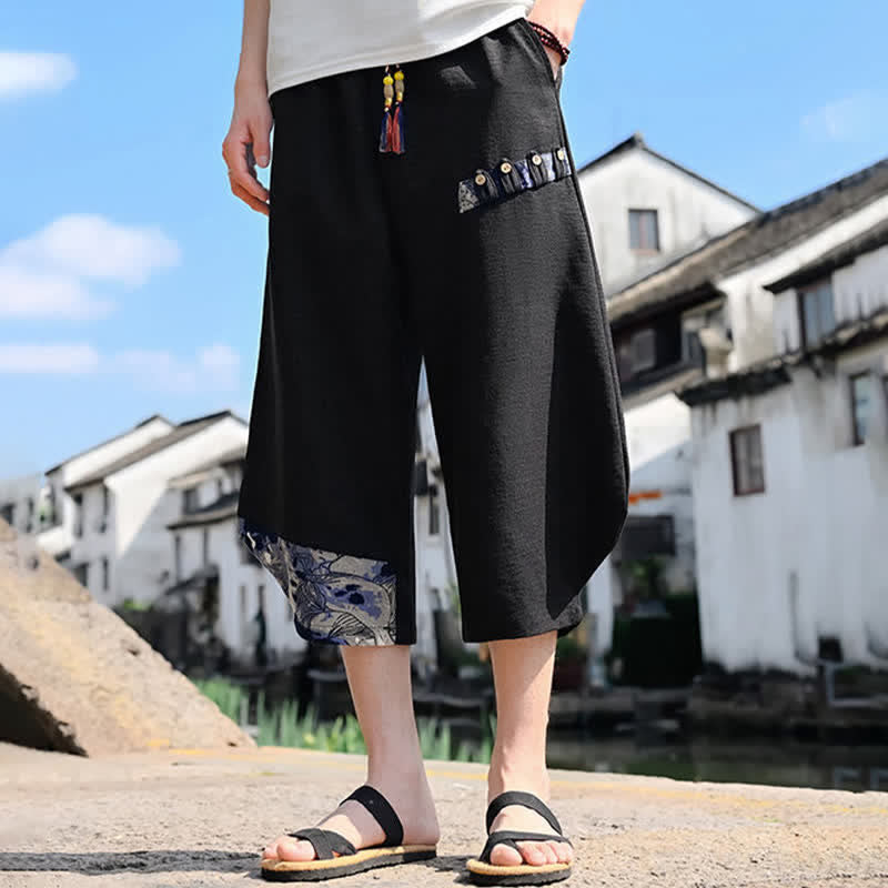 Buddha Stones Summer Casual Vintage Drawstring Floral Capri Pants Men's Harem Pants With Pocket