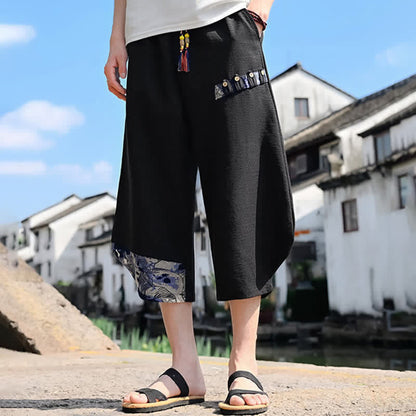 Buddha Stones Summer Casual Vintage Drawstring Floral Capri Pants Men's Harem Pants With Pocket