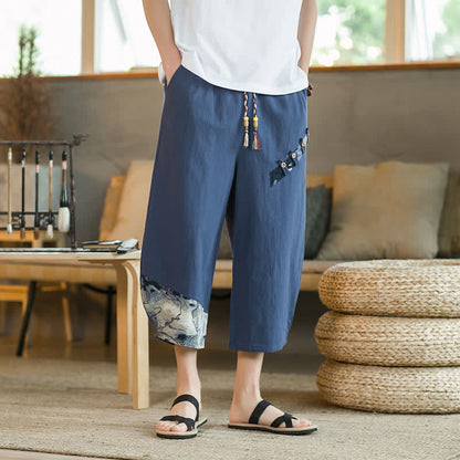 Buddha Stones Summer Casual Vintage Drawstring Floral Capri Pants Men's Harem Pants With Pocket