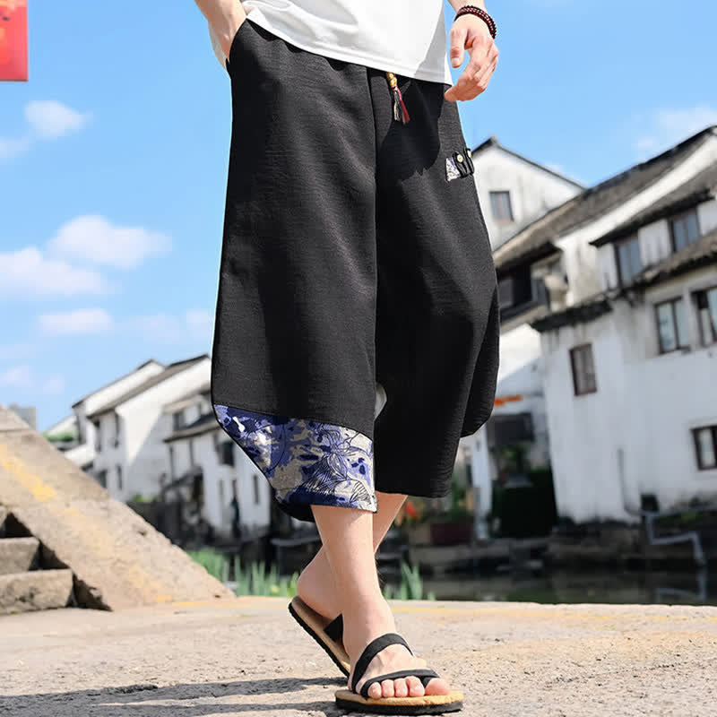 Buddha Stones Summer Casual Vintage Drawstring Floral Capri Pants Men's Harem Pants With Pocket