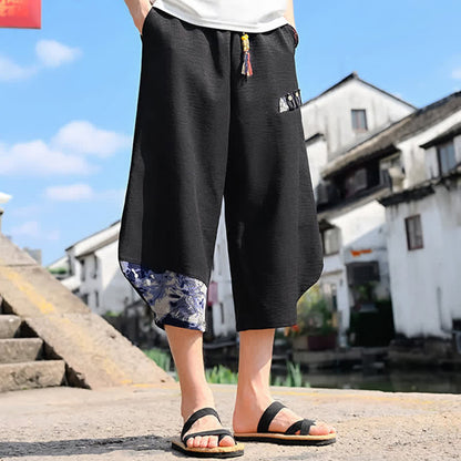 Buddha Stones Summer Casual Vintage Drawstring Floral Capri Pants Men's Harem Pants With Pocket