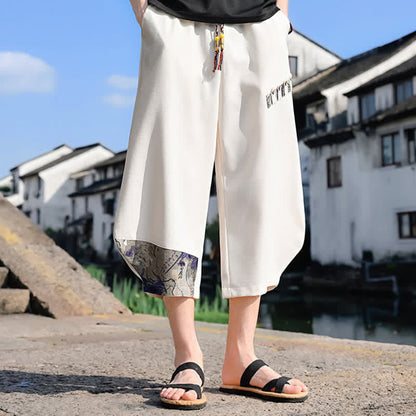 Buddha Stones Summer Casual Vintage Drawstring Floral Capri Pants Men's Harem Pants With Pocket