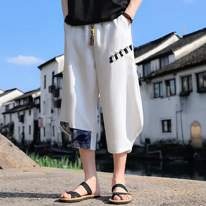 Buddha Stones Summer Casual Vintage Drawstring Floral Capri Pants Men's Harem Pants With Pocket