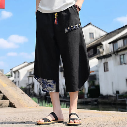 Buddha Stones Summer Casual Vintage Drawstring Floral Capri Pants Men's Harem Pants With Pocket