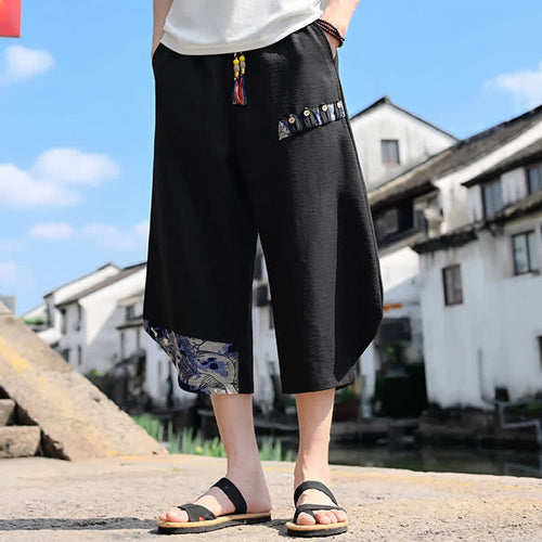 Buddha Stones Summer Casual Vintage Drawstring Floral Capri Pants Men's Harem Pants With Pocket