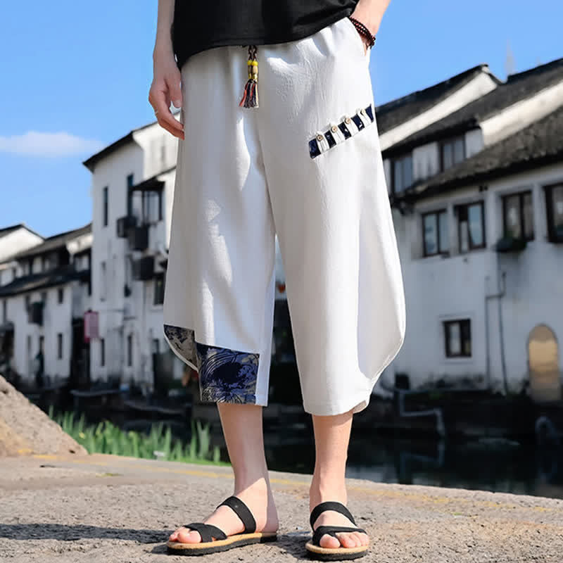 Buddha Stones Summer Casual Vintage Drawstring Floral Capri Pants Men's Harem Pants With Pocket