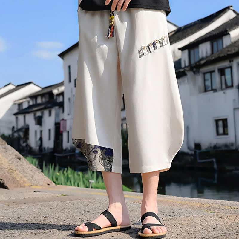 Buddha Stones Summer Casual Vintage Drawstring Floral Capri Pants Men's Harem Pants With Pocket