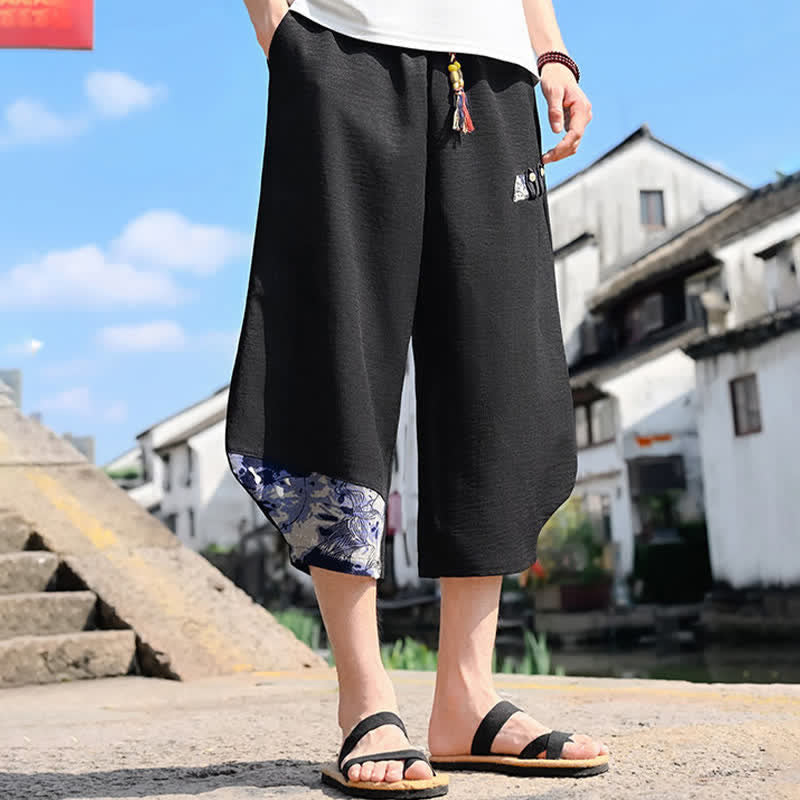 Buddha Stones Summer Casual Vintage Drawstring Floral Capri Pants Men's Harem Pants With Pocket