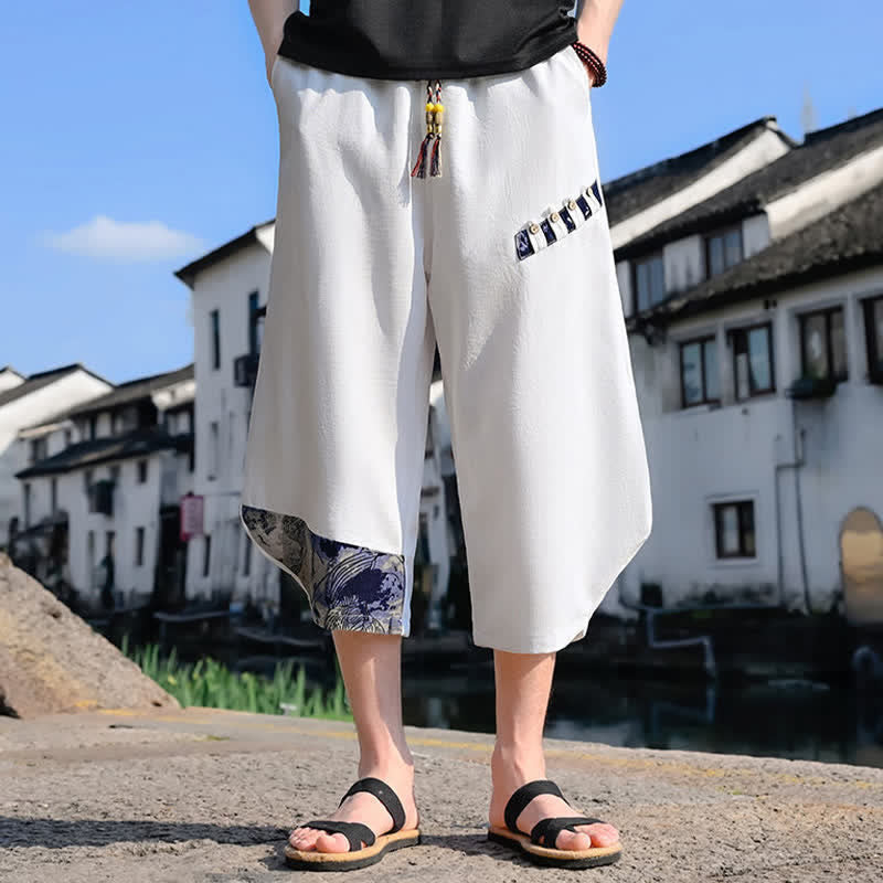 Buddha Stones Summer Casual Vintage Drawstring Floral Capri Pants Men's Harem Pants With Pocket