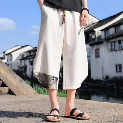 Buddha Stones Summer Casual Vintage Drawstring Floral Capri Pants Men's Harem Pants With Pocket