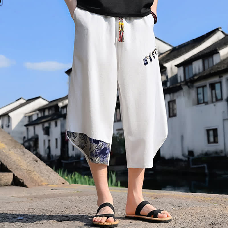 Buddha Stones Summer Casual Vintage Drawstring Floral Capri Pants Men's Harem Pants With Pocket