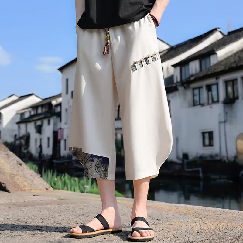 Buddha Stones Summer Casual Vintage Drawstring Floral Capri Pants Men's Harem Pants With Pocket