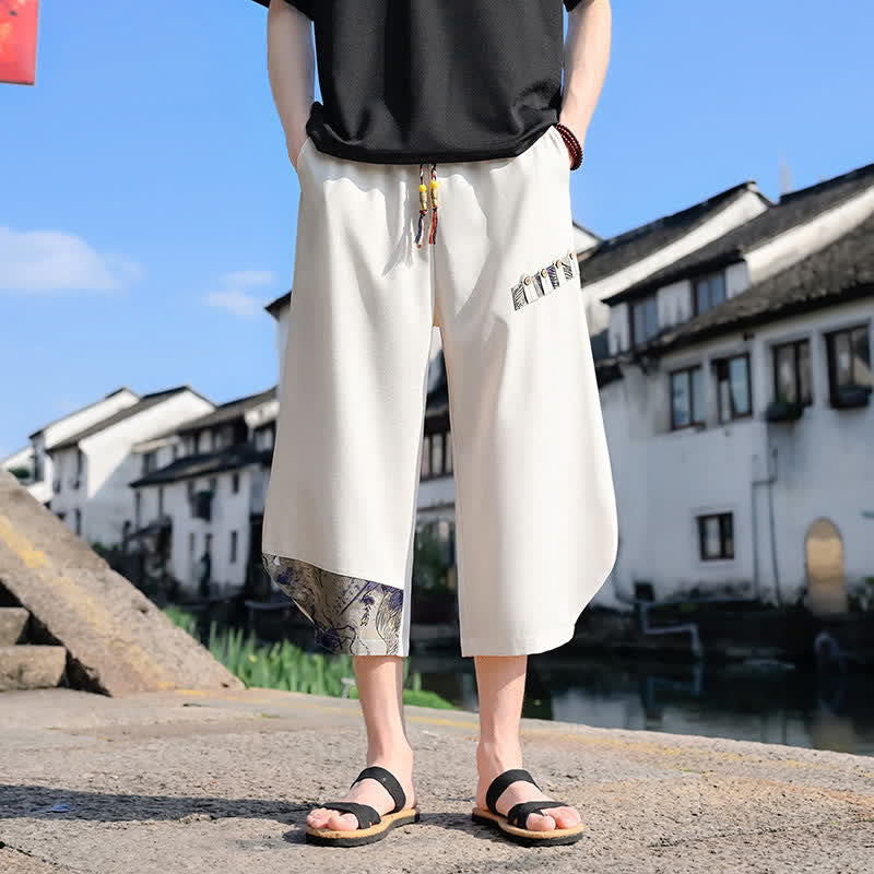 Buddha Stones Summer Casual Vintage Drawstring Floral Capri Pants Men's Harem Pants With Pocket