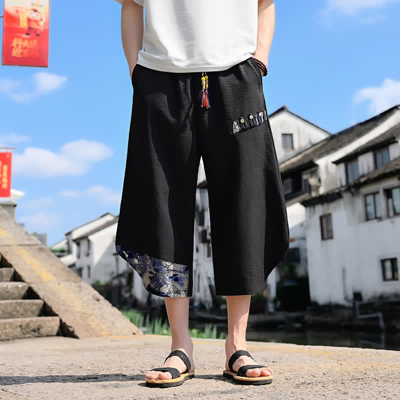 Buddha Stones Summer Casual Vintage Drawstring Floral Capri Pants Men's Harem Pants With Pocket