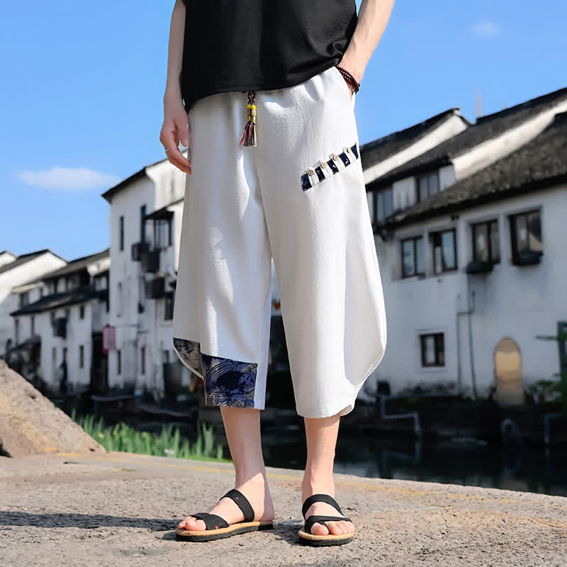 Buddha Stones Summer Casual Vintage Drawstring Floral Capri Pants Men's Harem Pants With Pocket