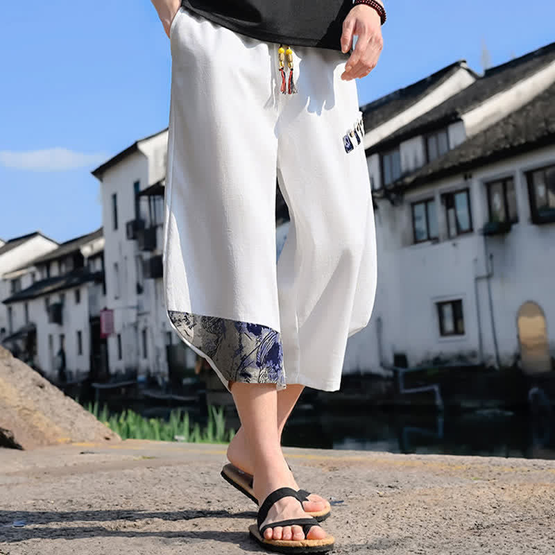 Buddha Stones Summer Casual Vintage Drawstring Floral Capri Pants Men's Harem Pants With Pocket