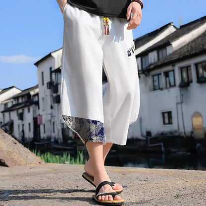 Buddha Stones Summer Casual Vintage Drawstring Floral Capri Pants Men's Harem Pants With Pocket