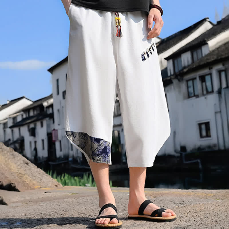 Buddha Stones Summer Casual Vintage Drawstring Floral Capri Pants Men's Harem Pants With Pocket