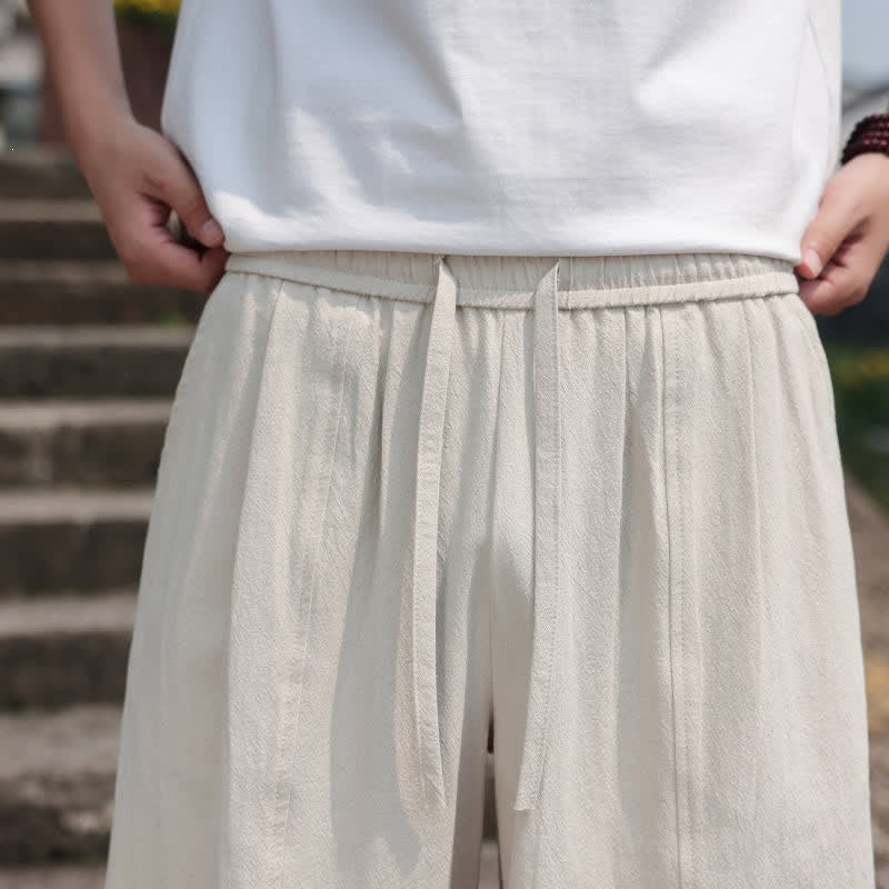 Buddha Stones Summer Casual Minimalist Drawstring Solid Cotton Long Pants Men's Harem Pants With Pocket