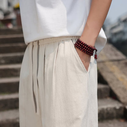 Buddha Stones Summer Casual Minimalist Drawstring Solid Cotton Long Pants Men's Harem Pants With Pocket