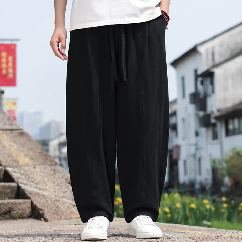 Buddha Stones Summer Casual Minimalist Drawstring Solid Cotton Long Pants Men's Harem Pants With Pocket