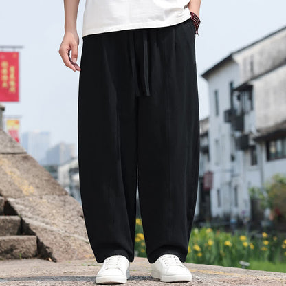 Buddha Stones Summer Casual Minimalist Drawstring Solid Cotton Long Pants Men's Harem Pants With Pocket