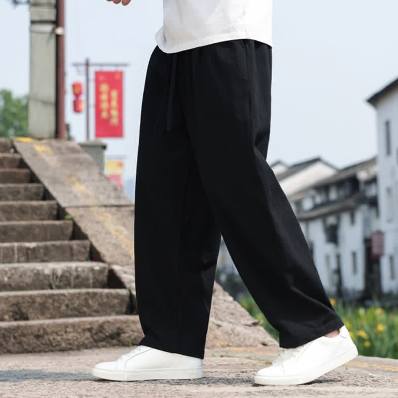 Buddha Stones Summer Casual Minimalist Drawstring Solid Cotton Long Pants Men's Harem Pants With Pocket